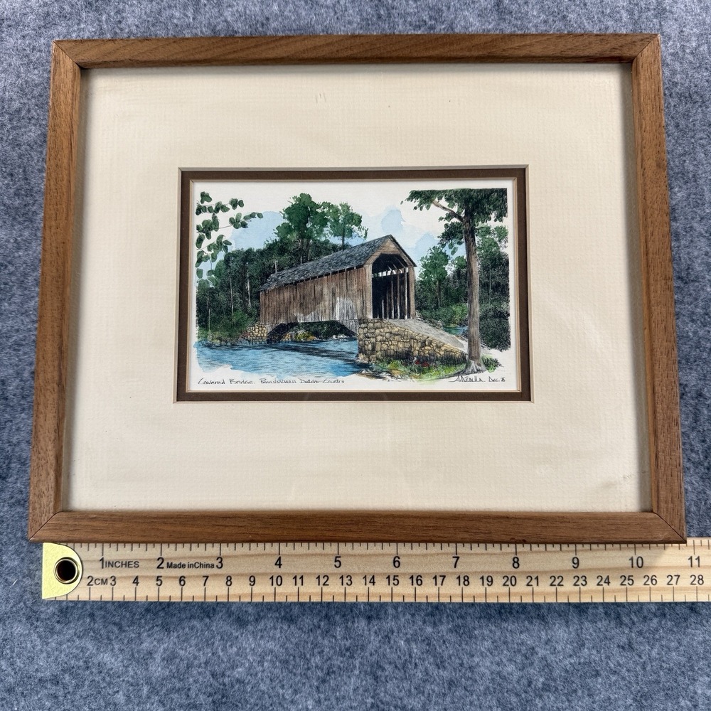 Vintage Watercolor Pennsylvania Dutch Country Covered Bridge Painting Wood Frame